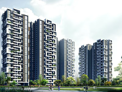 Modern High Rise Residential Buildings With Green Surroundings And Exterior Design 3d model