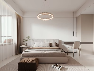 Elegant Modern Bedroom Interior Design With Ring Chandelier Platform Bed Decorative Pillows And Sheer Curtains 3d model