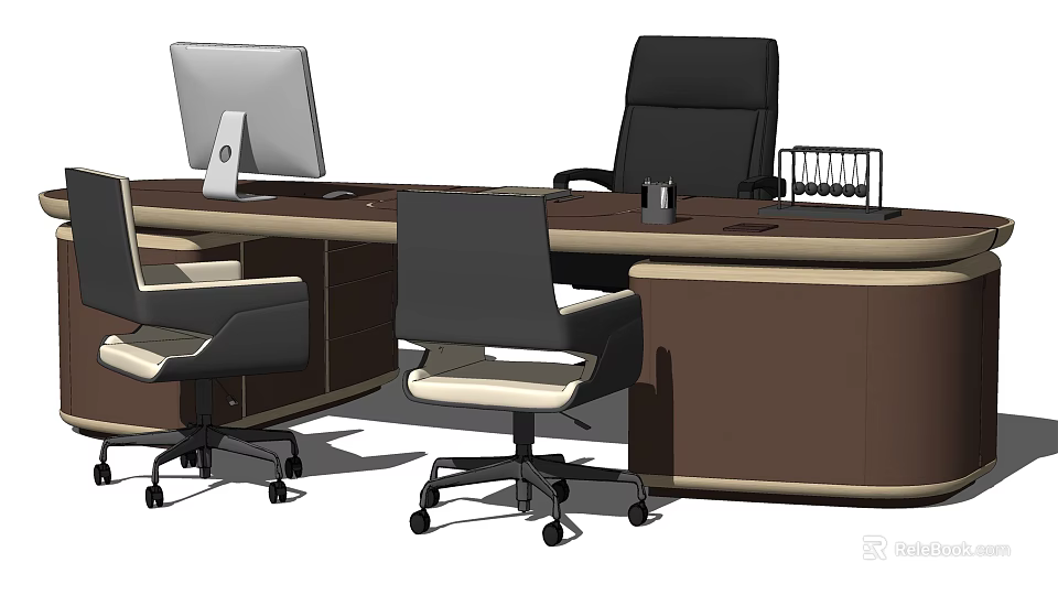 Modern Brown Office Desk With Computer Monitor Black Chair And Side Seats 3d model 