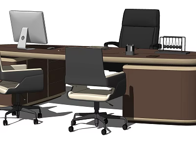 Modern Brown Office Desk With Computer Monitor Black Chair And Side Seats 3d model