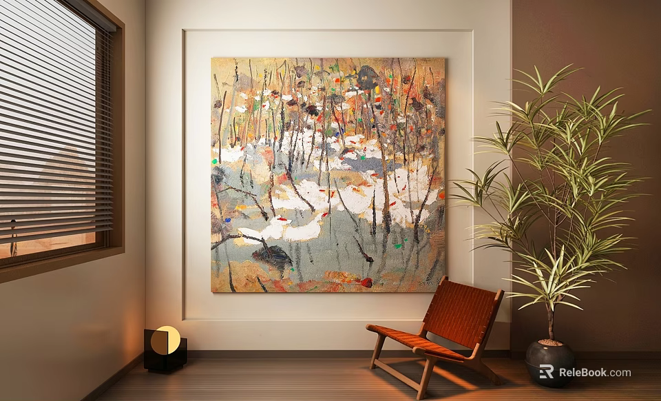 Interior Space With Abstract Painting Wooden Chair Potted Plant And Window 3d model 