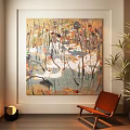 Interior Space With Abstract Painting Wooden Chair Potted Plant And Window