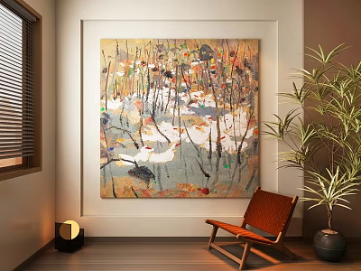 Interior Space With Abstract Painting Wooden Chair Potted Plant And Window 3d model