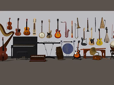 Diverse Musical Instruments Display With Guitars Violins Pianos Drums And Saxophones 3d model