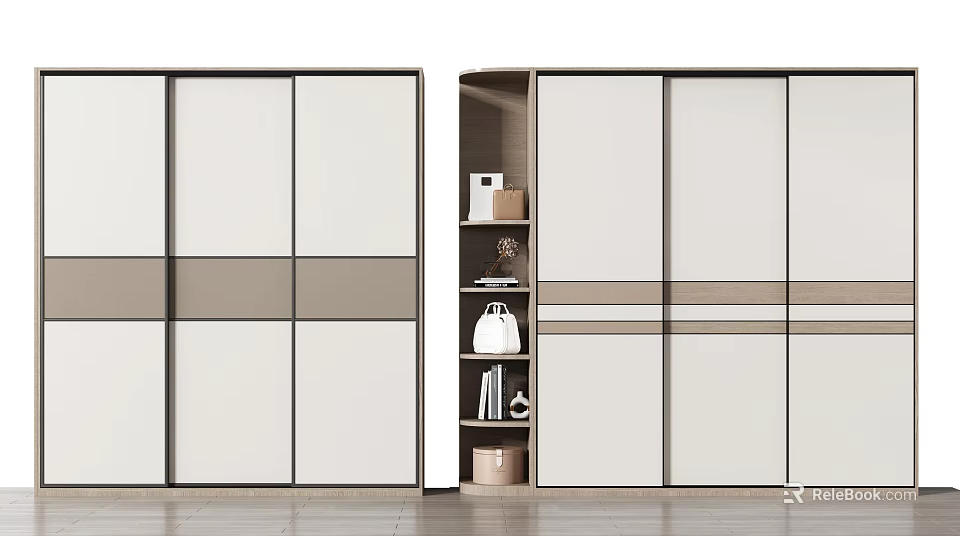 Modern Sliding Door Wardrobe With White And Brown Panel Design Interior Shelves And Storage Space 3d model 