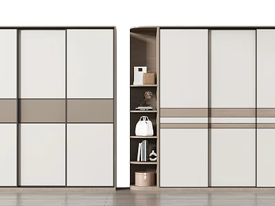 Modern Sliding Door Wardrobe With White And Brown Panel Design Interior Shelves And Storage Space 3d model