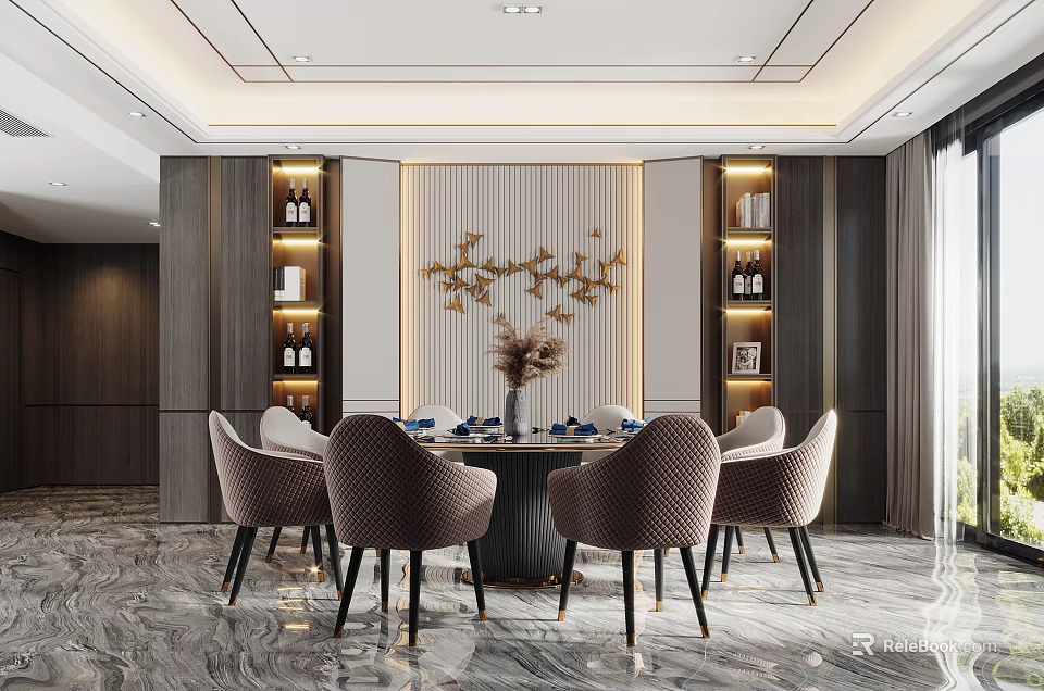 Elegant Modern Restaurant Interior With Luxury Dining Table Chairs And Decor 3d model 