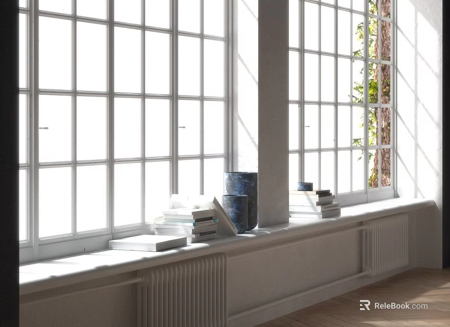Bright Bay Window Interior With Stacked Books And Blue Vase In Sunlight 3d model 