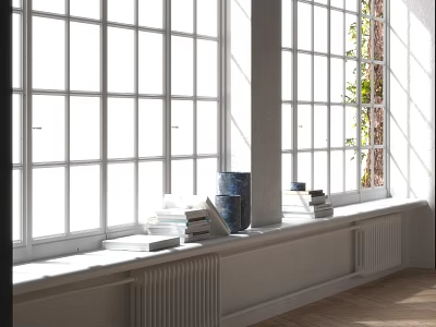Bright Bay Window Interior With Stacked Books And Blue Vase In Sunlight 3d model