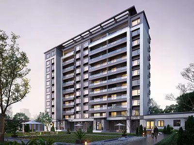 Modern High Rise Residential Building With Greenery Trees Lawns And Landscaped Entrance 3d model