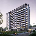 Modern High Rise Residential Building With Greenery Trees Lawns And Landscaped Entrance