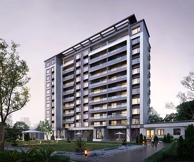 Modern High Rise Residential Building With Greenery Trees Lawns And Landscaped Entrance 3d model