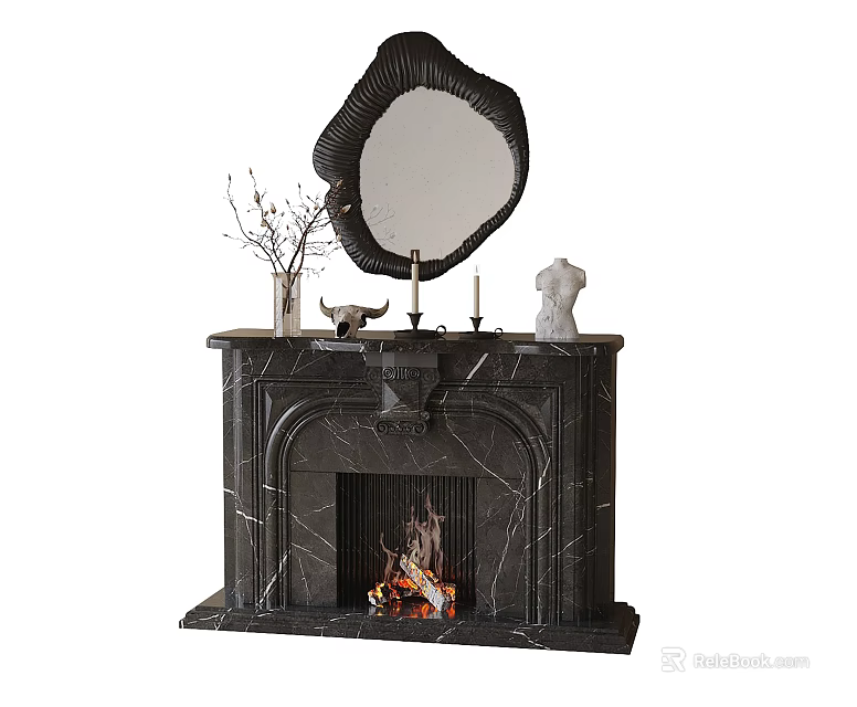 Elegant Marble Fireplace With Decorative Mirror Vase And Statue On Mantel And Burning Fire Inside 3d model 