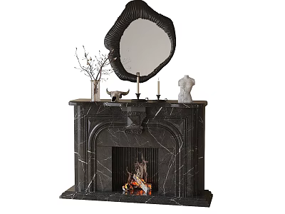 Elegant Marble Fireplace With Decorative Mirror Vase And Statue On Mantel And Burning Fire Inside 3d model