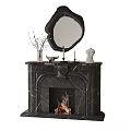 Elegant Marble Fireplace With Decorative Mirror Vase And Statue On Mantel And Burning Fire Inside