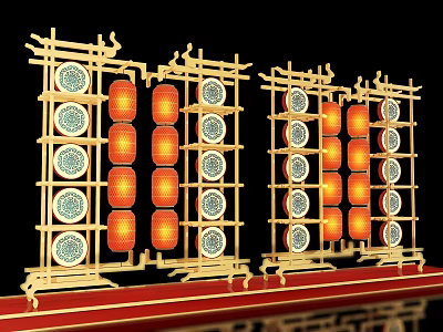 Traditional Style Photo Check In Spot With Bamboo Frames Red Lanterns And Round Decorations 3d model
