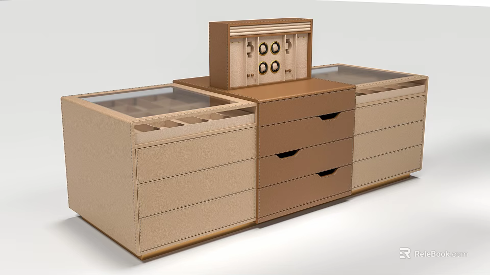 Practical Modern Kitchen Interior With Island Cabinet Drawers And Glass Display Cases 3d model