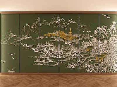 Green Decorative Wall With Landscape Design Golden Pagoda Houses And Flying Birds 3d model