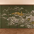 Green Decorative Wall With Landscape Design Golden Pagoda Houses And Flying Birds