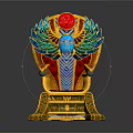 Egyptian Style Throne Sculpture With Golden Frame Blue Green Wings And Red Gemstone Decoration