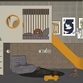 Playful Kids Loft Bed with Yellow Slide Stairs Cozy Chair and Decorative Art