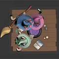 Three Cat Wizard Characters In Colorful Hats Stirring Magic Cauldron With Books And Candles