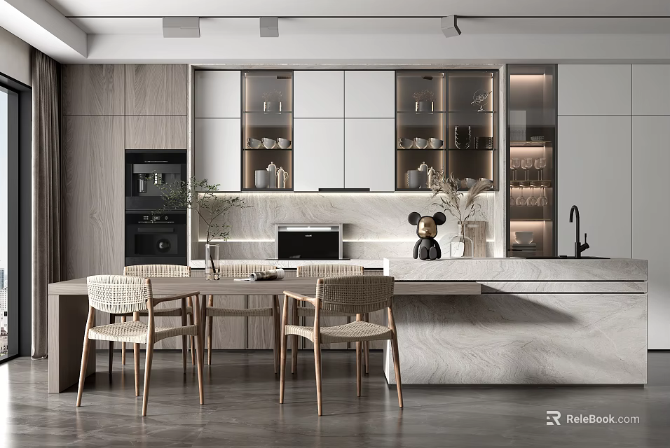 Modern Restaurant Open Kitchen Interior Design With Island Counter And Cabinets 3d model