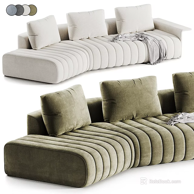 Modern Sectional Sofa in Sage Green and Ivory with Ribbed Design and Plush Cushions 3d model 