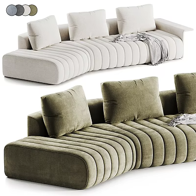 Modern Sectional Sofa in Sage Green and Ivory with Ribbed Design and Plush Cushions 3d model