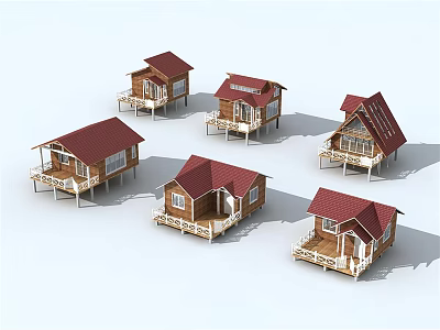 Multiple Wooden Detached Villas Featuring Red Roofs And Veranda Designs 3d model