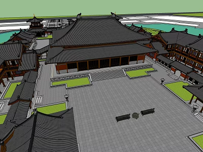 Ancient Chinese Architecture With Traditional Courtyard Plaza Stone Pavements And Classic Roof Structures 3d model