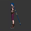 3D Anime Character With Blue Hair Brown Top Purple Pants And Arm Wraps Standing Pose