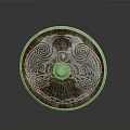 Medieval Wooden Shield With Silver Edge Carved Spiral Bird Patterns And Central Metal Ball Design