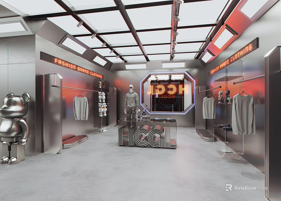 Modern Fashion Clothing Store Interior With Metal Display Racks Mannequins And IDOL Signage 3d model 