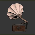 Vintage Gramophone With Brass Horn Wooden Base Turntable And Vinyl Record