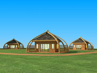 Three Wooden Houses With Curved Roofs On Green Grass Under Blue Sky 3d model