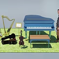 Assorted Musical Instruments Display with Blue Piano Harp Guitar and Violin