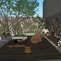 Stylish Courtyard Garden With Cozy Sofa Stone Fireplace And Lush Green Plants