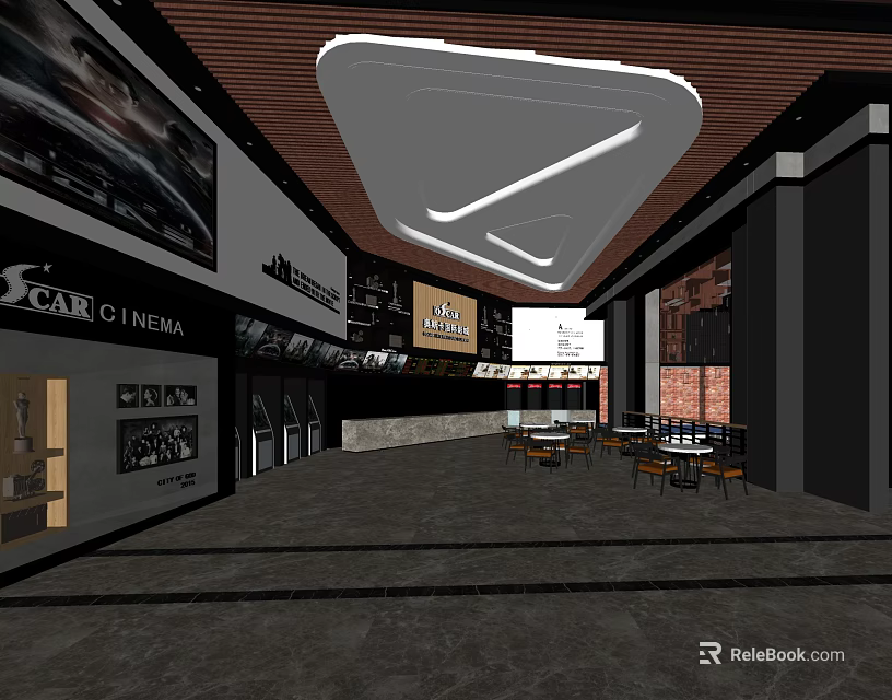 Modern Cinema Interior With Ticket Counter Seats Decorative Posters And Ceiling Design 3d model 
