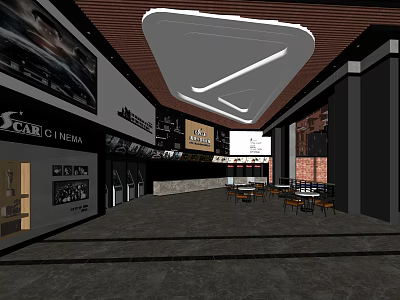 Modern Cinema Interior With Ticket Counter Seats Decorative Posters And Ceiling Design 3d model