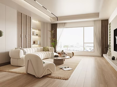 Modern Living Room With White Sofa Floor To Ceiling Windows Wooden Flooring And Potted Plant 3d model