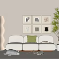 Beige Three Seater Sofa Living Room With Green Cushion Six Framed Artworks Floor Lamp And Potted Plant
