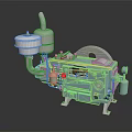 Green Automotive Engine Component with Metal Structure Pipes Circular Parts and Control Panel