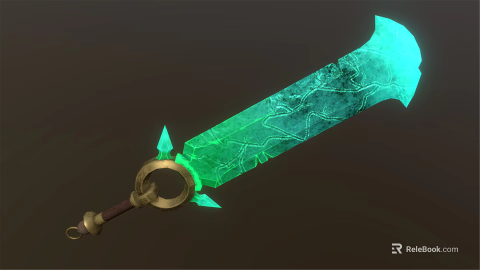 Glowing Green Cracked Sword With Intricate Patterns And Gold Hilt Spikes 3d model 