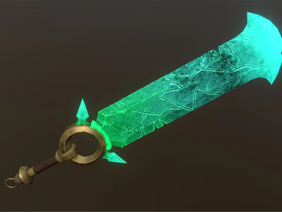 Glowing Green Cracked Sword With Intricate Patterns And Gold Hilt Spikes 3d model