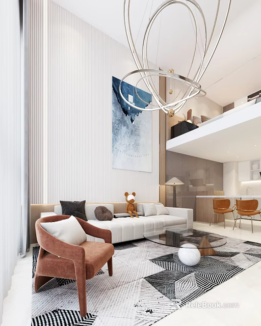 Modern Loft Living Room Interior With Sofa Armchair Chandelier And Artwork 3d model 