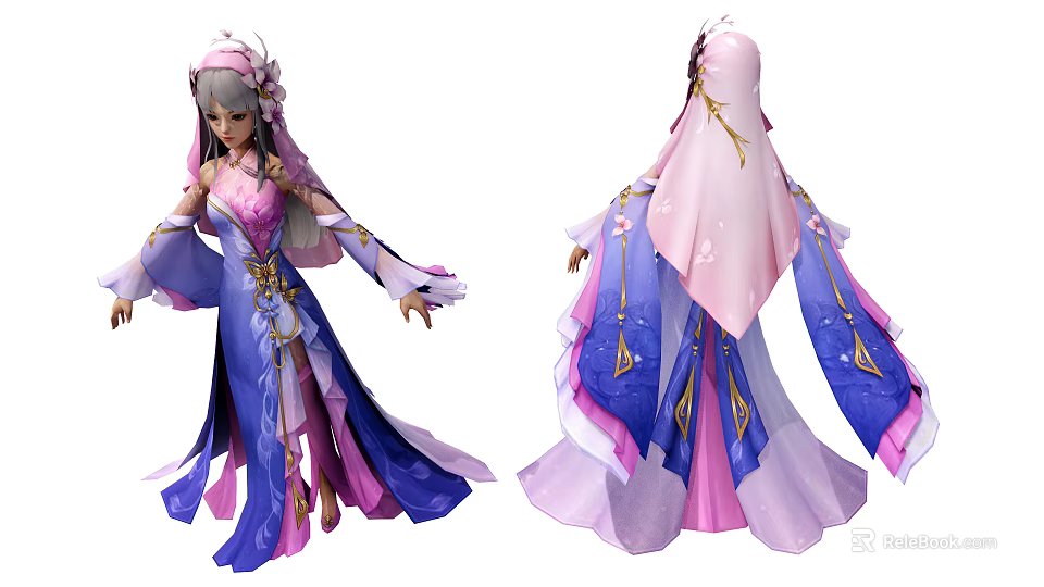 Game and Movie Character in Elegant Pink Purple Robe With Floral Details and Flowing Sashes 3d model 
