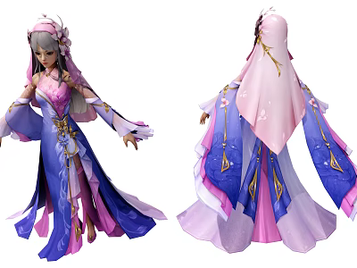Game and Movie Character in Elegant Pink Purple Robe With Floral Details and Flowing Sashes 3d model