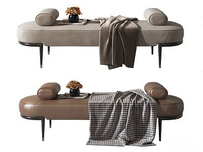 Elegant Modern Leather Ottoman in Gray and Brown with Cushions Checkered Blanket and Floral Vase 3d model