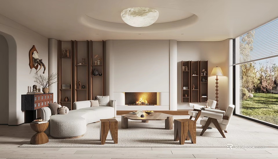 Modern Living Room Interior Design With Fireplace Sofa Coffee Table Accent Chairs And Wooden Shelves 3d model 